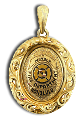 14 Karat Gold Fire Department Shield Oval Filigree Pendant - Trademark Jewelers